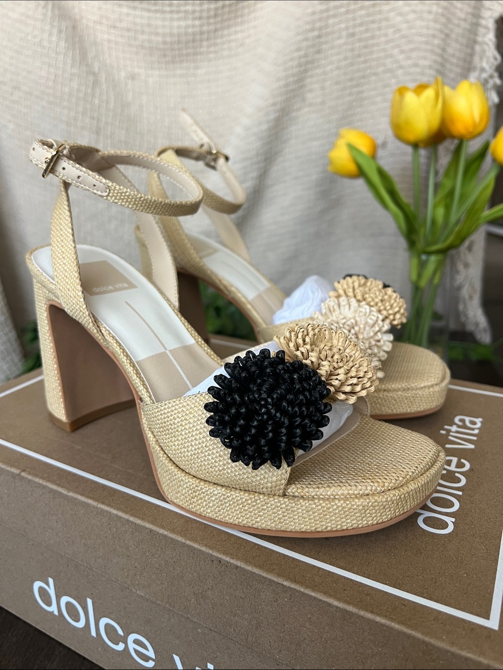 Olivea Beige Raffia Block Heel Sandals with Black & Cream Floral Accents